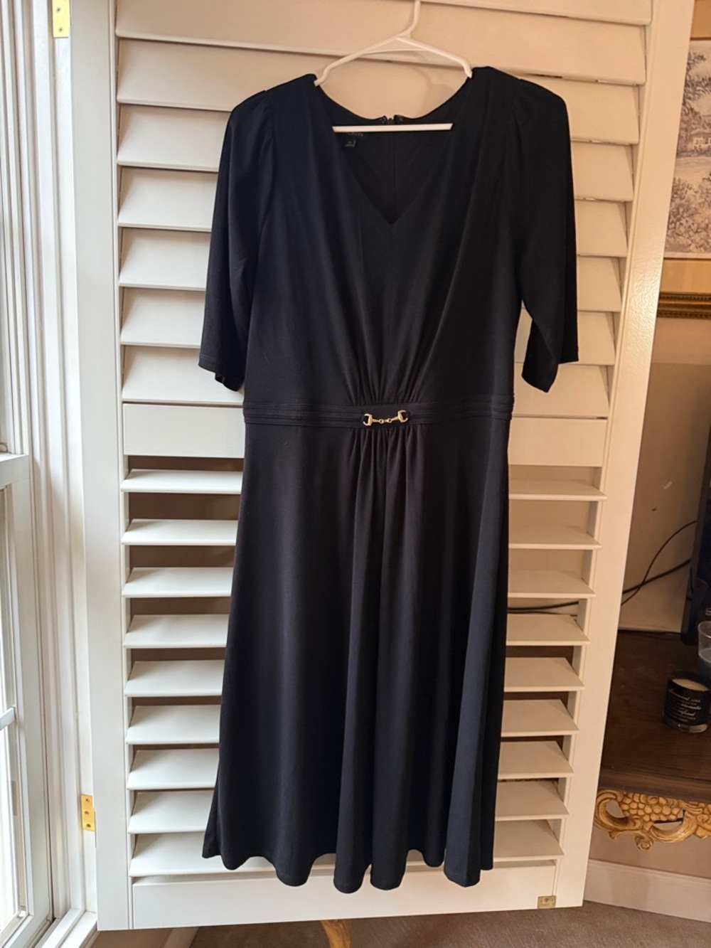 Talbots Black V-Neck Midi Dress with Gold Accent